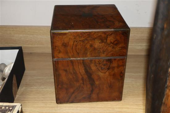 A burr walnut four decanter casket, with Bramah lock